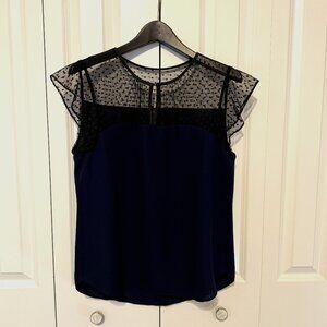 J. Crew Navy Black Flutter Sleeve Pullover Blouse Solid & Mesh
